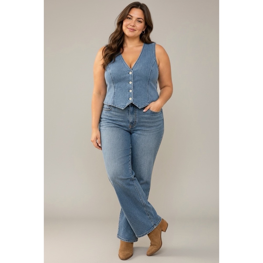 Luvamia Women's XL Denim Vest Button Front V Neck Cropped Stretch Top